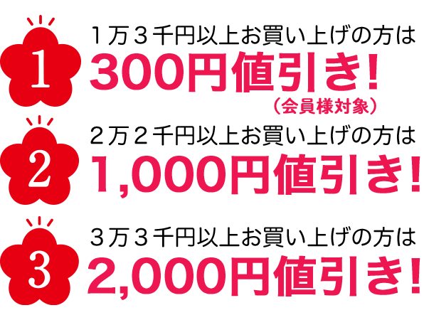 1万3千円以上お買い上げの方は300円値引き！